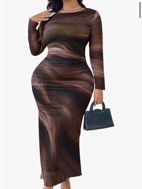 Amazon Long Sleeve Maxi Dress in Brown Swirl Print